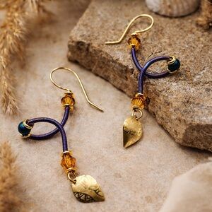 Vintage Holly Yashi Purple Blue Gold Wire Wrap Niobium Leaf Drop Earrings